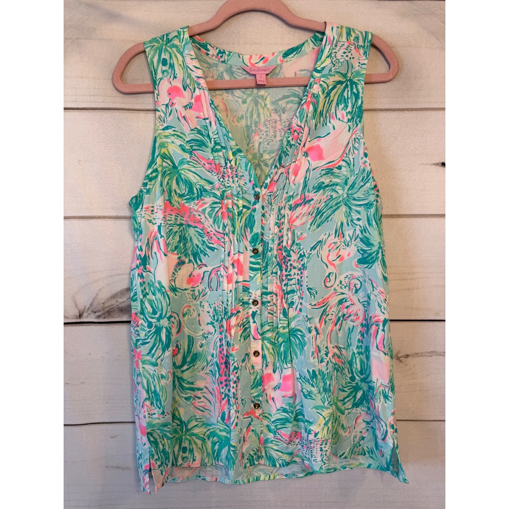 Lilly Pulitzer Sleeveless Pintuck Button Down Top Tropical Animal Print Small
